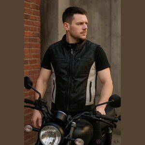 Men's Fried Denim NYC Black Faux Leather Biker Vest, Size Medium.